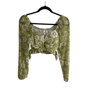 Madden NYC Green Floral Crop Top XS Cottagecore Puff Sleeve Tie Front